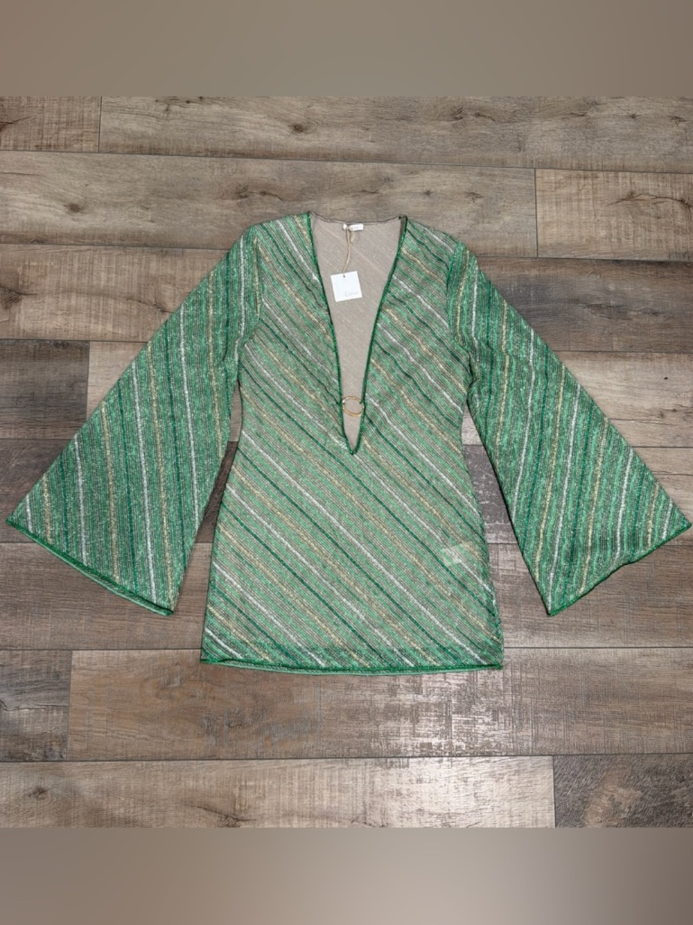 Oseree shiny striped kaftan mini dress with ring detail in green - Picture 2 of 7